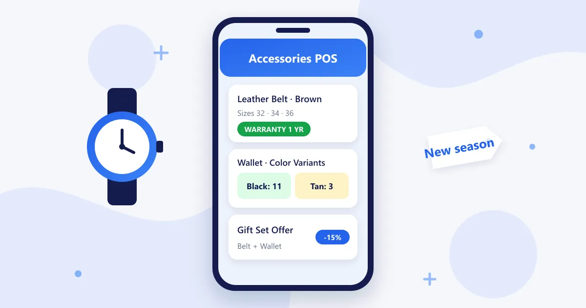 RetaPOS accessories store POS showing a leather belt with warranty, wallet color variants and a gift set offer on a smartphone