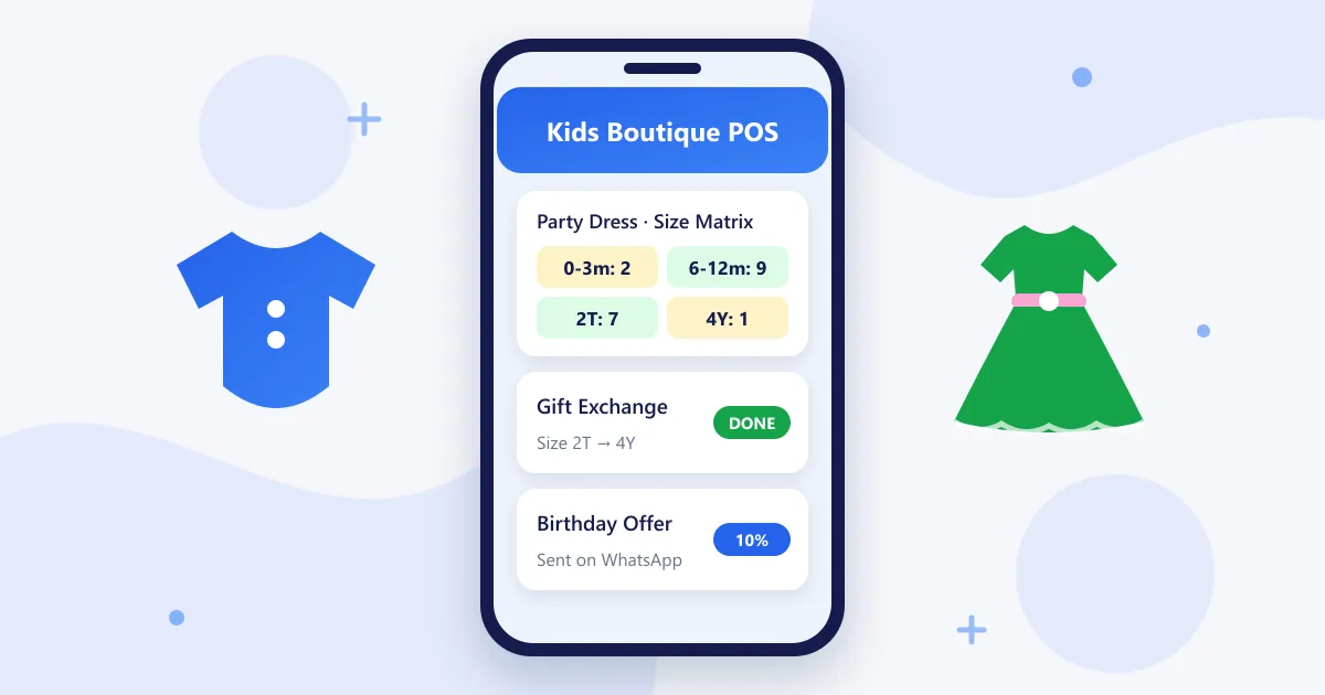 RetaPOS children's boutique POS showing a kids clothing size-by-age matrix and birthday offer on smartphone