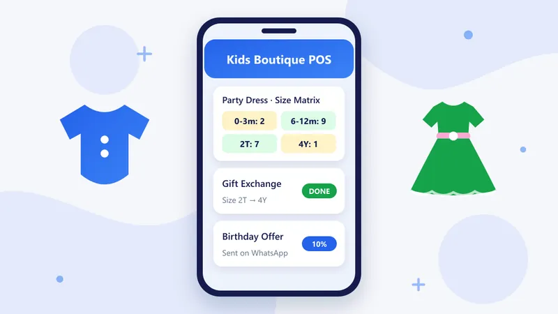 RetaPOS children's boutique POS showing a kids clothing size-by-age matrix and birthday offer on smartphone