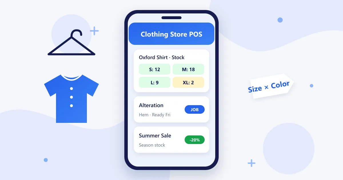 RetaPOS clothing store POS showing a size and color stock matrix for a shirt and an alteration order on smartphone