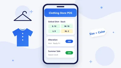 RetaPOS clothing store POS showing a size and color stock matrix for a shirt and an alteration order on smartphone