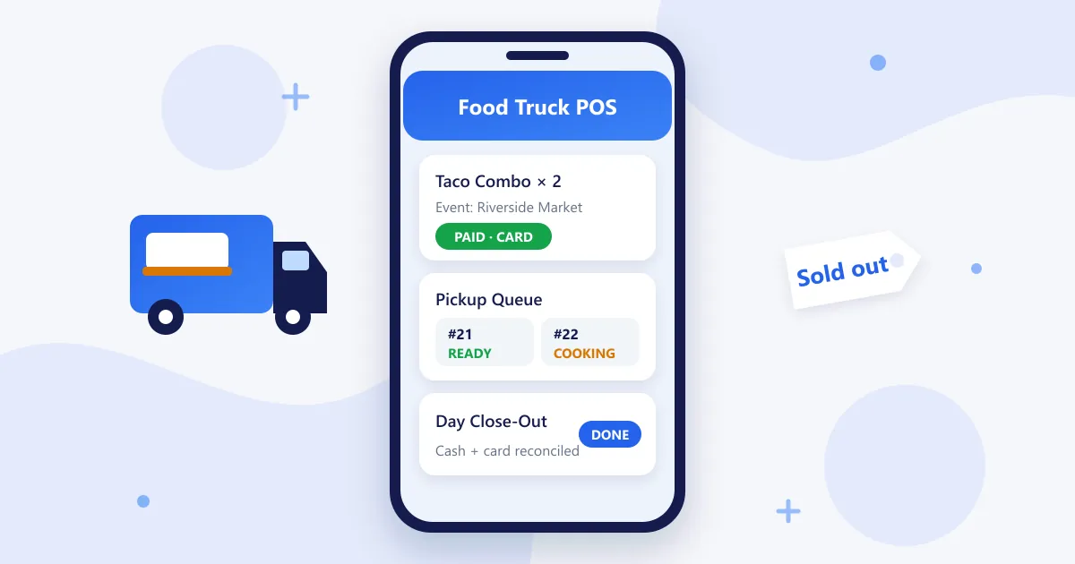 RetaPOS food truck POS showing a phone-based order screen, customer queue and daily sales summary on smartphone