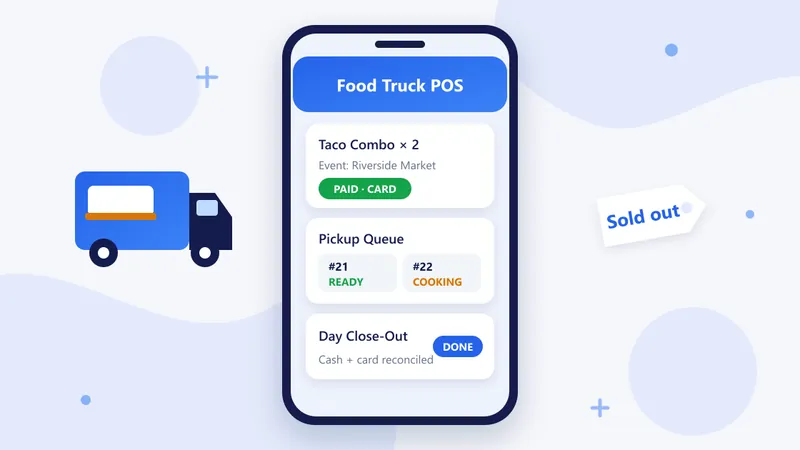 RetaPOS food truck POS showing a phone-based order screen, customer queue and daily sales summary on smartphone