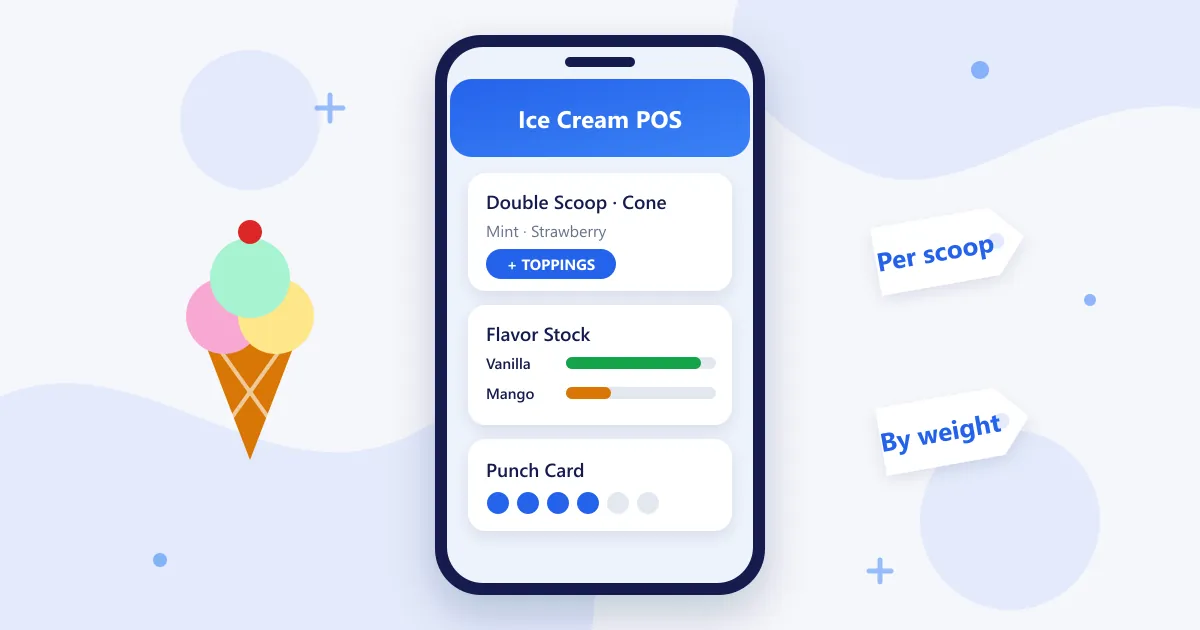 RetaPOS ice cream shop POS showing scoop pricing, flavor stock levels and a loyalty punch card on smartphone