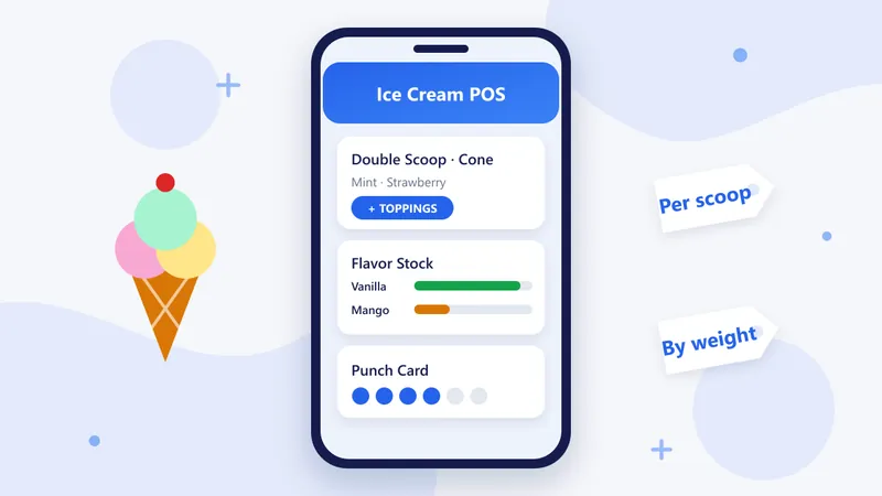 RetaPOS ice cream shop POS showing scoop pricing, flavor stock levels and a loyalty punch card on smartphone