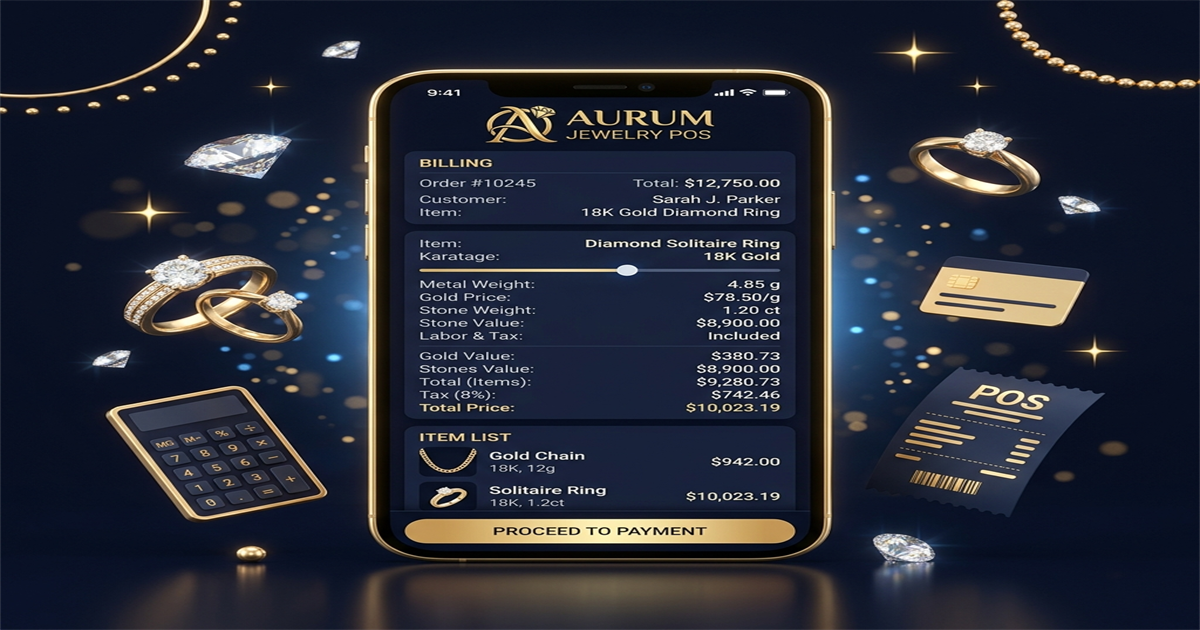RetaPos jewelry store POS system showing karat and weight billing with design code inventory on smartphone in UAE