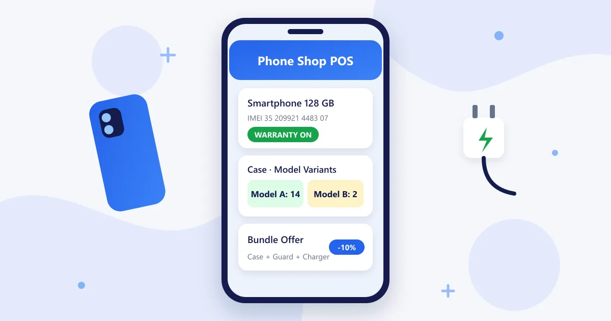 RetaPOS mobile accessory shop POS showing IMEI capture, model-specific case variants and a warranty record on smartphone