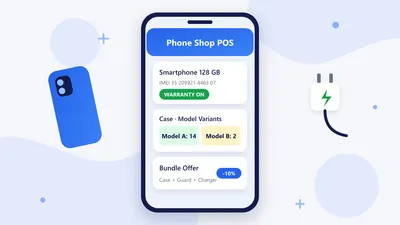 RetaPOS mobile accessory shop POS showing IMEI capture, model-specific case variants and a warranty record on smartphone