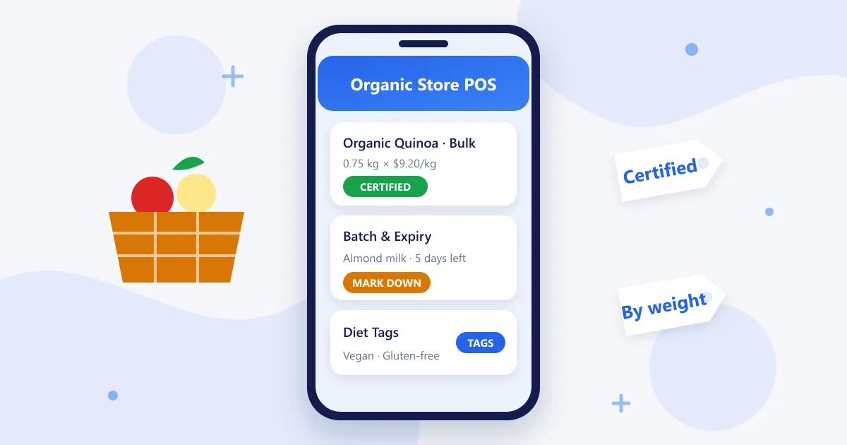 RetaPOS organic store POS showing certified organic product, bulk weighing price and batch expiry on smartphone