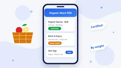 RetaPOS organic store POS showing certified organic product, bulk weighing price and batch expiry on smartphone