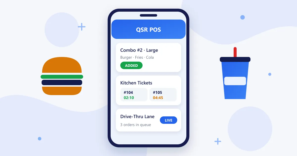 RetaPOS quick service restaurant POS showing combo meal order entry and kitchen order tickets with prep timers on smartphone