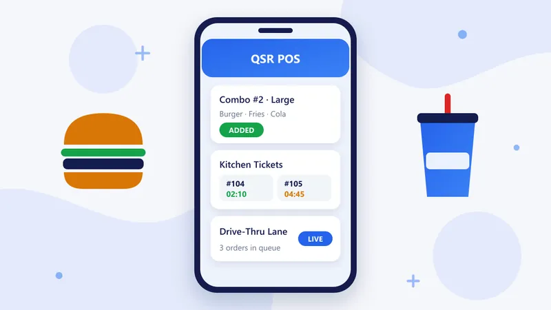 RetaPOS quick service restaurant POS showing combo meal order entry and kitchen order tickets with prep timers on smartphone