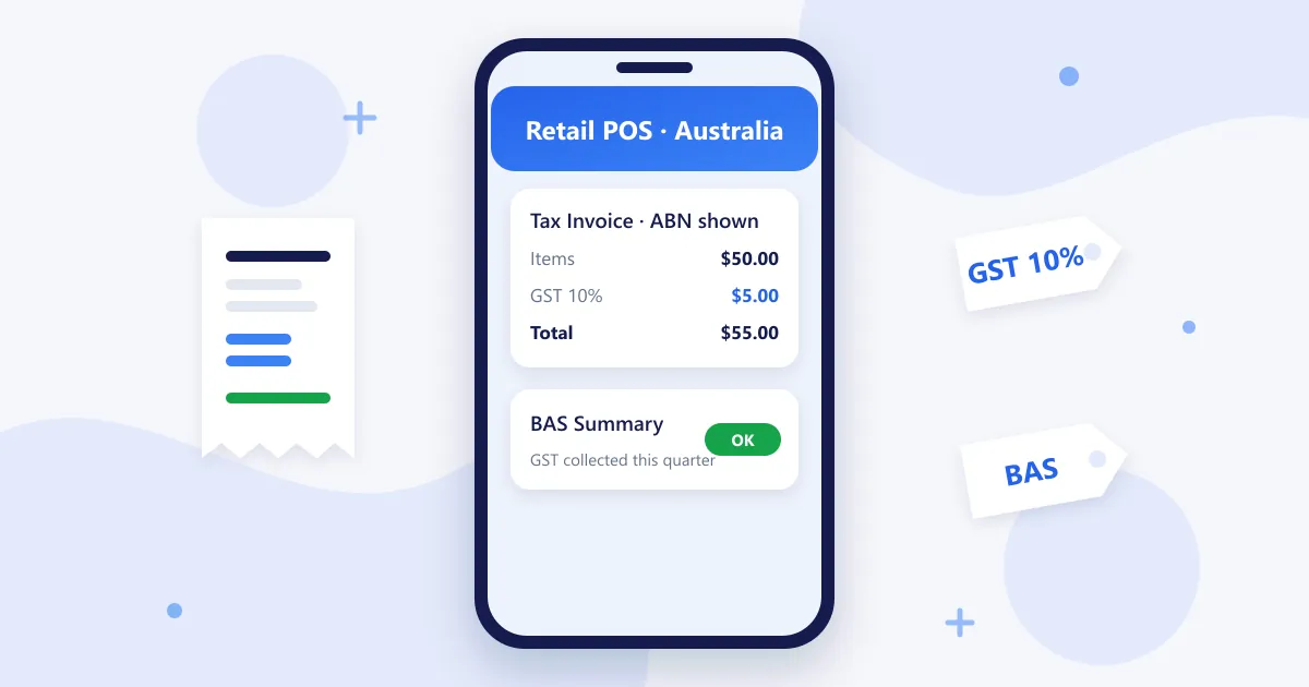 RetaPOS retail POS for Australian small shops showing a tax invoice with 10 percent GST on smartphone