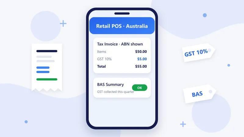RetaPOS retail POS for Australian small shops showing a tax invoice with 10 percent GST on smartphone