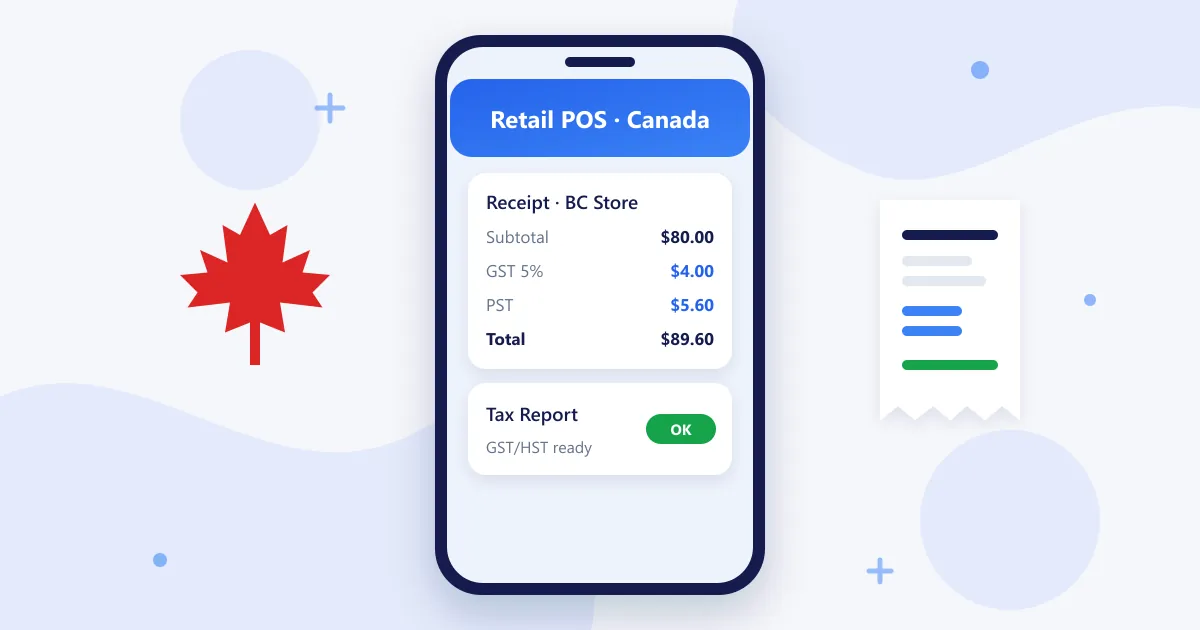 RetaPOS retail POS for Canadian small shops showing a receipt with GST and PST lines on smartphone