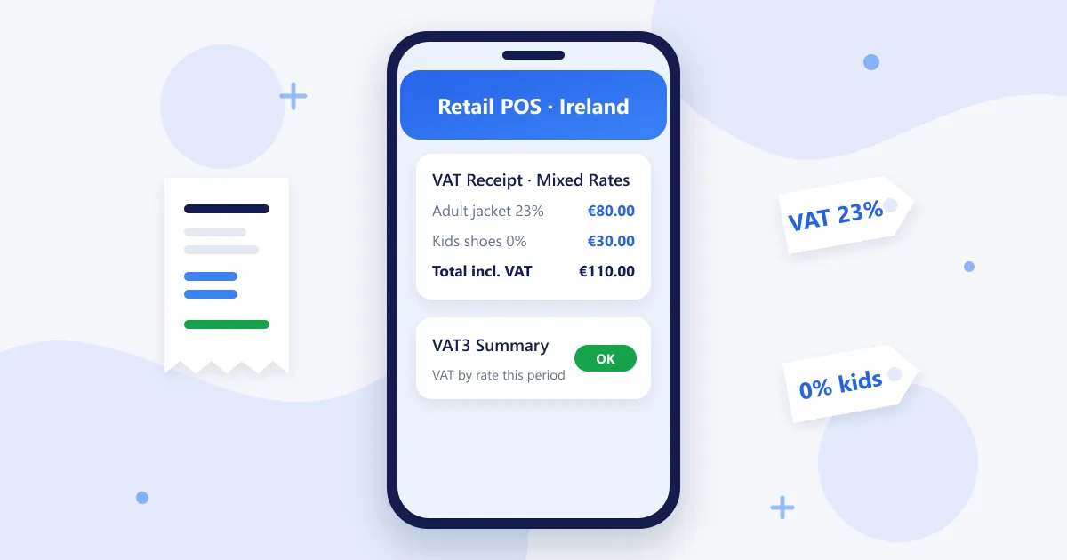 RetaPOS retail POS for Irish shops showing a VAT receipt with 23 percent and 0 percent items on a smartphone