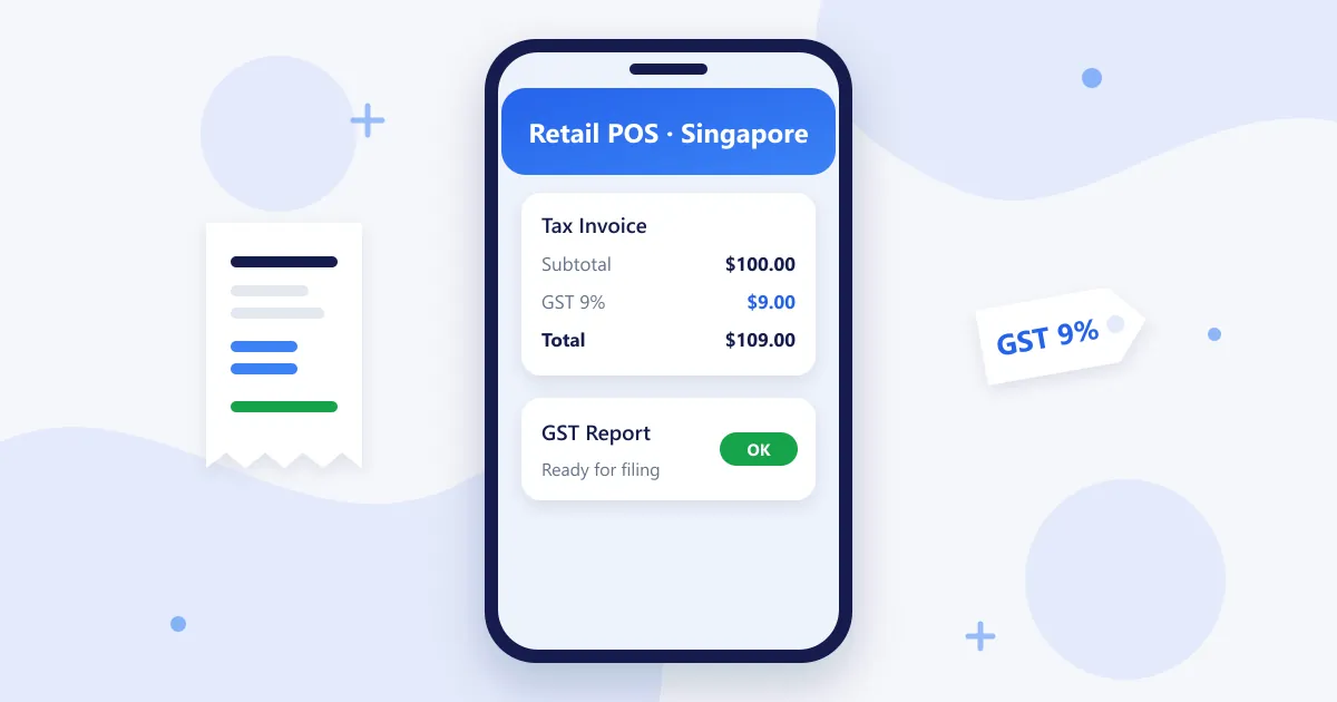 RetaPOS retail POS for Singapore small shops showing a tax invoice with 9 percent GST on smartphone
