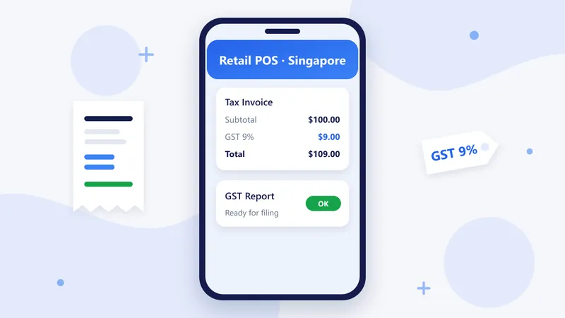 RetaPOS retail POS for Singapore small shops showing a tax invoice with 9 percent GST on smartphone