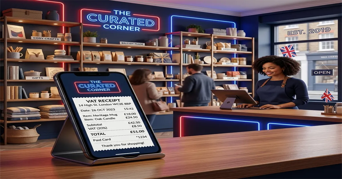 RetaPOS retail POS for UK small shops showing 20% VAT invoice and digital VAT records on smartphone