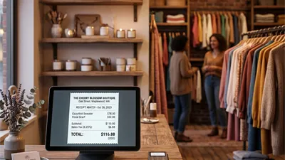 RetaPOS retail POS for US small stores showing a sales-tax invoice and mobile billing on smartphone
