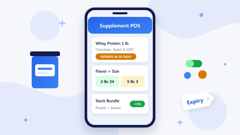 RetaPOS supplement store POS system showing batch expiry alerts, flavor and size variants and a bundle deal on smartphone