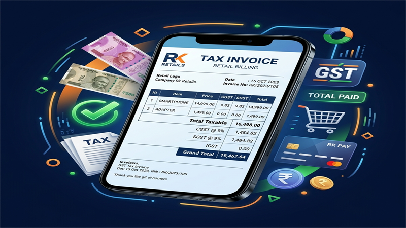 RetaPos GST billing software for Indian retail stores showing CGST SGST split invoice on smartphone