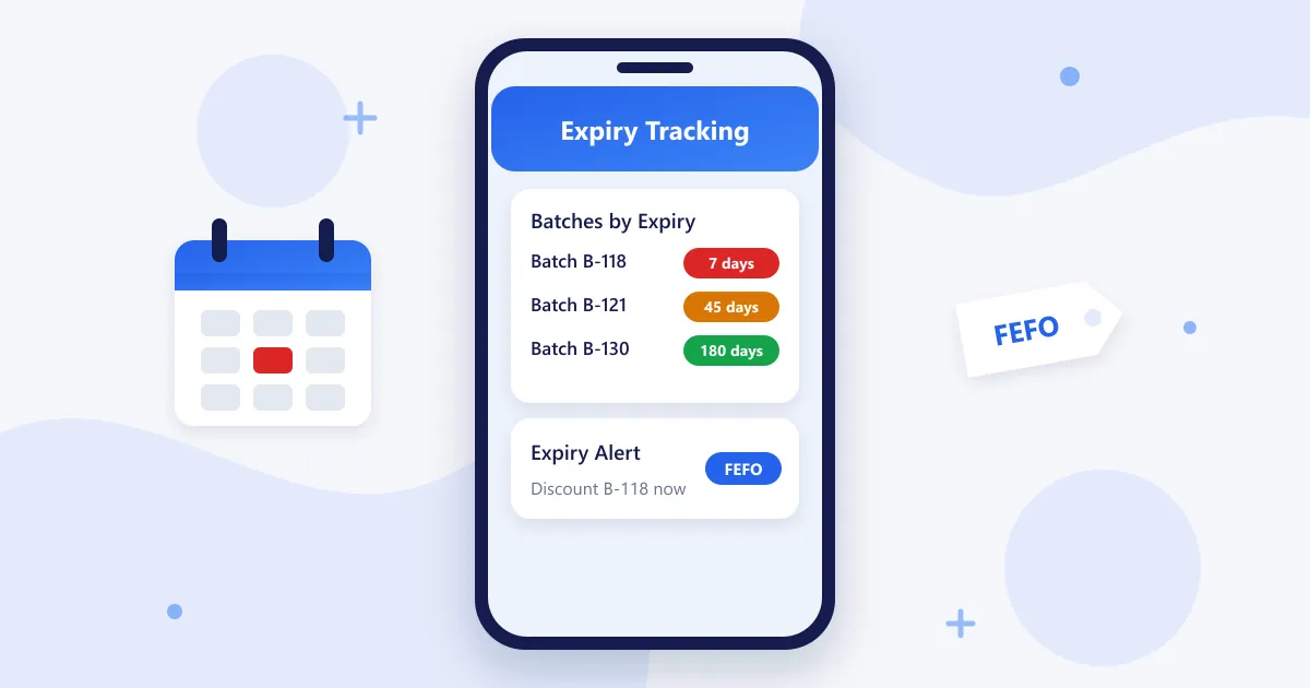 RetaPOS expiry tracking screen showing batches sorted by expiry date with alerts and a markdown suggestion on smartphone