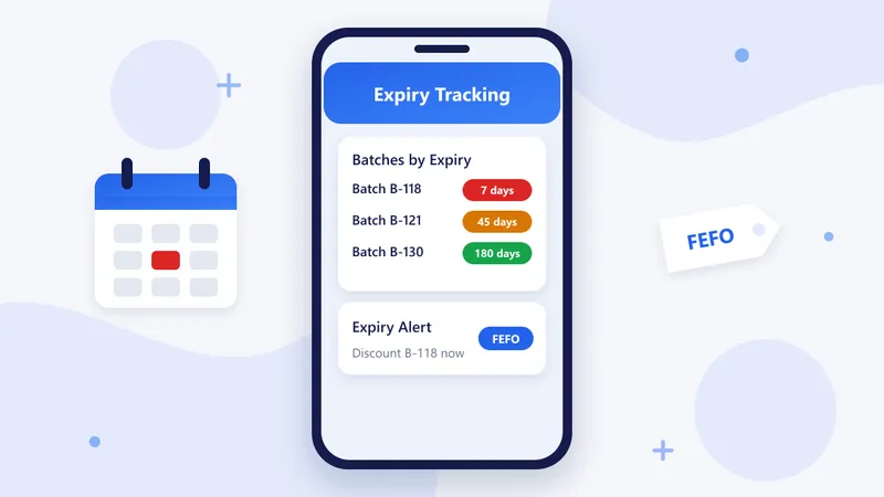 RetaPOS expiry tracking screen showing batches sorted by expiry date with alerts and a markdown suggestion on smartphone