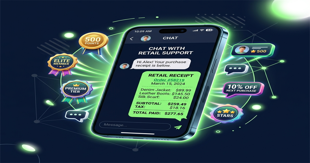 RetaPOS WhatsApp CRM for retail showing automated invoice loyalty offer and replenishment reminder on smartphone