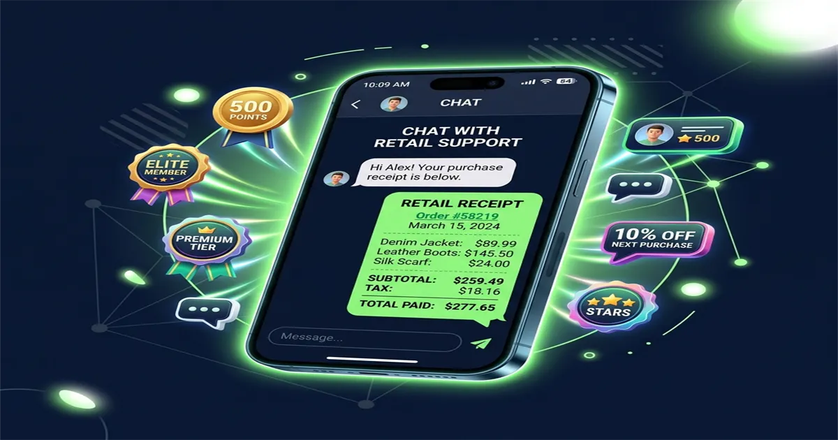 RetaPOS WhatsApp CRM for retail showing automated invoice loyalty offer and replenishment reminder on smartphone
